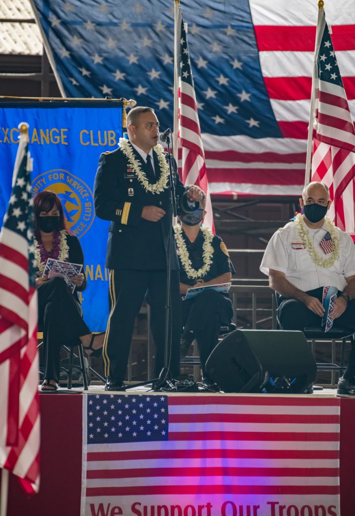 Brig. Gen. Moses Kaoiwi Jr., Joint Task Force commander, Hawaii National Guard speaks at the Exchange Club of Hilo’s “Circle of Hope – Healing Field” ceremony at the Edith Kanakaole Stadium, July 5, 2021, Hilo, Hawaii. The special ceremony was to thank the National Guard, Hawaii Police Department, Hawaii Fire Department, Hawaii County Civil Defense, Department of Health, and first responders for their continued commitment and effort in the fight against the COVID-19 Pandemic in the County of Hawaii. (U.S. Army National Guard photo by Sgt. John Schoebel)