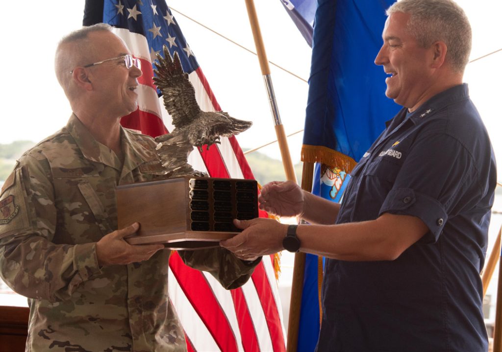 Brig. Gen Duke Ota, Hawai‘i State Assistant Adjutant General (Air) handed over responsibility of the CFC Pacific campaign to Rear Adm. Matthew Sibley, commander, Coast Guard 14th District during an awards ceremony and change of responsibility for the 2021 Hawai‘i Pacific Combined Federal Campaign was held on the USS Missouri on March 16, 2022. The ceremony recognized the hard work put in by the personnel who volunteered during the campaign and all the agencies and units that achieved exceptional levels of giving.
