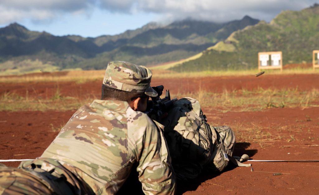 Hawai‘i Army National Guard (HIARNG) Soldier Sgt. Fred M. Lino Jr., a small arms and artillery repairman, assigned to Echo Troop, Forward Support Company (FSC), 227th Brigade Engineer Battalion (BEB), aims down range for the individual weapons qualification (IWQ), Schofield Barracks, Hawai‘i, March 5, 2022. The annual Best Warrior Competition (BWC) consists of various events over the course of three days. (U.S. Army National Guard photo by Spc. Casandra B. Ancheta)