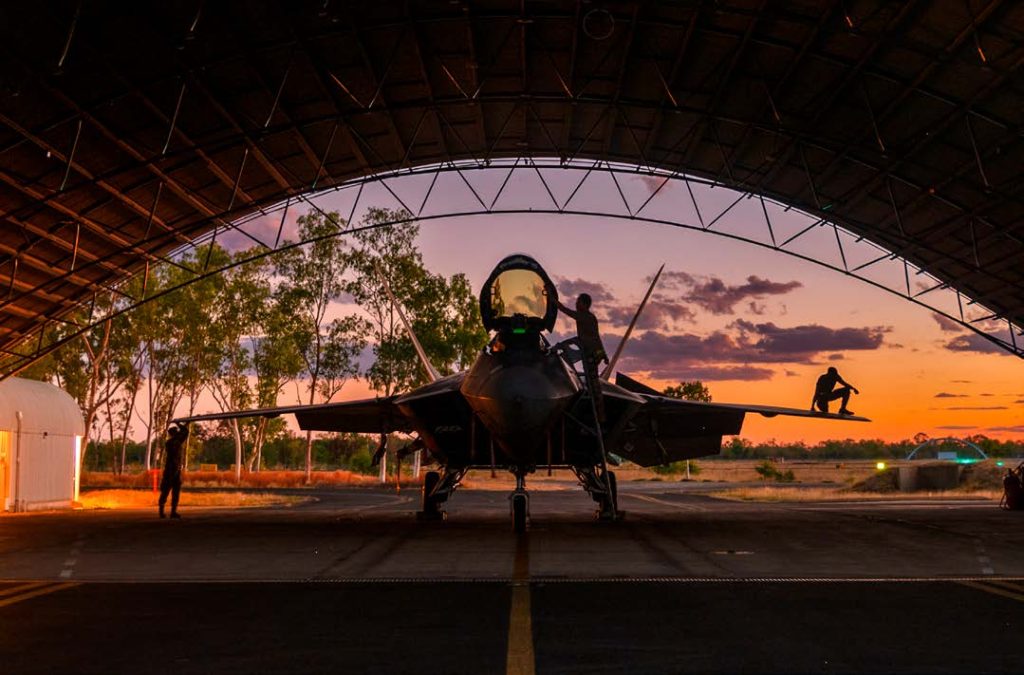 U.S Air Force crew chiefs from the Hawaiian Raptor Expeditionary Squadron, a Total Force Integrated unit based out of Joint Base Pearl Harbor-Hickam, conduct a basic post-flight inspection at Royal Australian Air Force Base Tindal, Northern Territory, Australia, Sept. 8, 2022. Opportunities to train alongside our Allies and partners enhance interoperability and bolster our collective ability to support a free and open Indo-Pacific. (U.S. Air National Guard photo by Master Sgt. Mysti Bicoy)