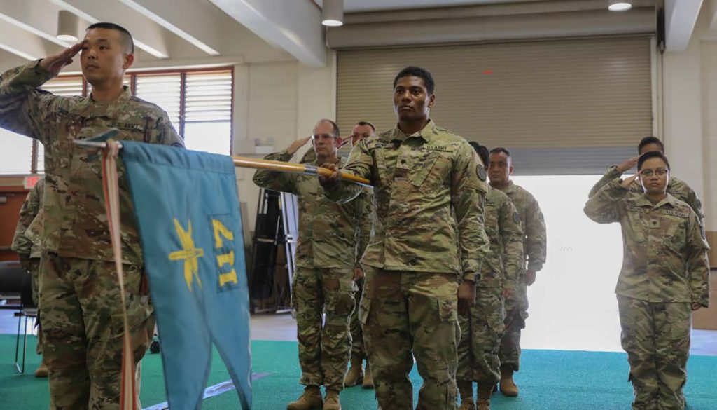 Hawai‘i Army National Guard (HIARNG) Soldiers assigned to 117th Mobile Public Affairs Detachment (MPAD), 103rd Troop Command render a salute during a deployment ceremony at Pearl City, Hawaii, August 7, 2022. The 117th MPAD is being mobilized in support of the European Deterrence Initiative and will provide direct public affairs coverage to contingency operations abroad. (U.S. Army National Guard photo by Spc. Mariah-Alexsandra Manandic-Kapu)