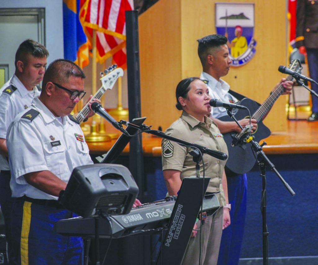 The 111th Army Band perform “Na Koa” at the Officer Candidate School Commissioning and Graduation Ceremony on Sept. 10, 2023 at the Regional Training Institute in Waimānalo. – Hawai‘i National Guard photo