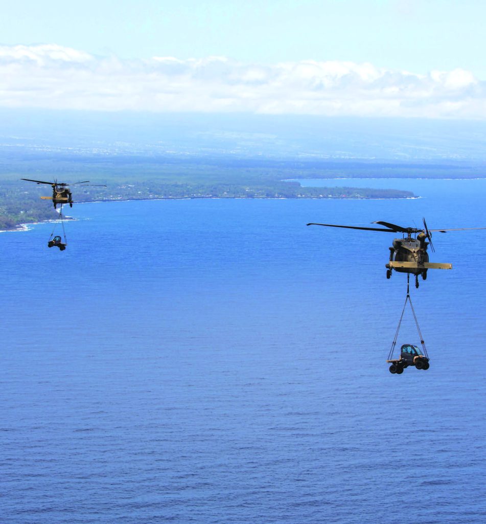 U.S. Soldiers assigned to Company C, 1st Battalion, 183rd Aviation Regiment, 103rd Troop Command, Hawai‘i Army National Guard conduct sling load operations training in Hilo, Hawai‘i in June. – Spc. Sean Walker photo