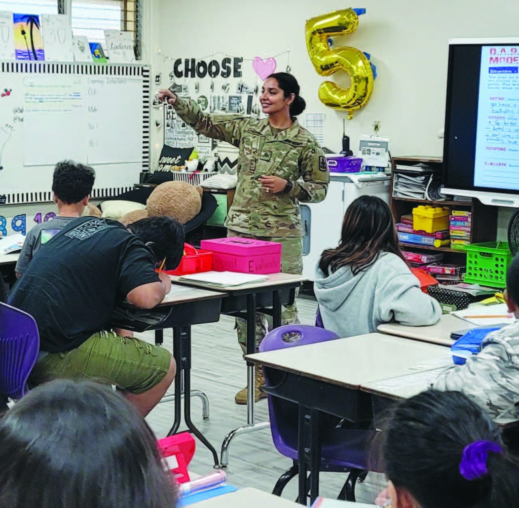 Sgt. Navpreet Chambers of the Hawai‘i National Guard Counterdrug Program taught a DARE class at Kauluwela Elementary School, empowering students with the knowledge and skills to resist drugs and make positive life choices. – Maj. Brian Kwak photo