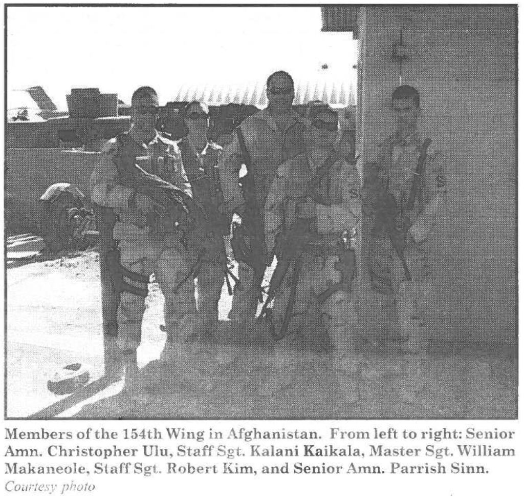 Members of the 154th Wing in Afghanistan. From left to right: Senior Amn. Christopher Ulu, Staff Sgt. Kalani Kaikala, Master Sgt. William Makaneole, Staff Sgt. Robert Kim, and Senior Amn. Parrish Sinn. Courtesy photo