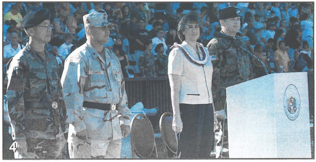 Maj. Gen. Robert G.F. Lee, the Adjutant General, Brig. Gen. Chaves, Hawaii Gov. Linda Lingle, and Lt. Gen. John M. Brown III, the U.S. Army Pacific commander, reviewing the troops.