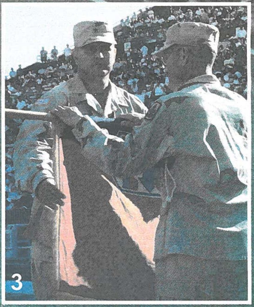 Brig. Gen. Joseph J. Chaves, the brigade commander, and Brigade Command Sgt. Maj. Robert N. Inouye, casing the brigade colors