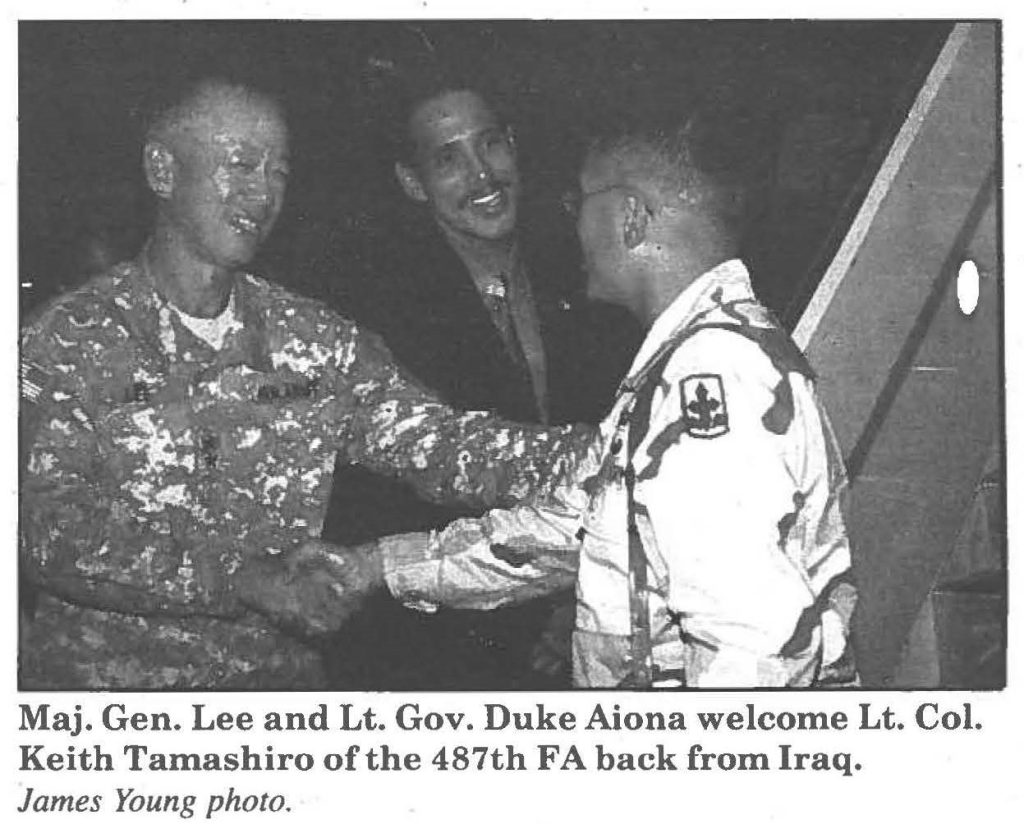 Maj. Gen. Lee and Lt. Gov. Duke Aiona welcome Lt. Col. Keith Tamashiro of the 487th FA back from Iraq. James Young photo.