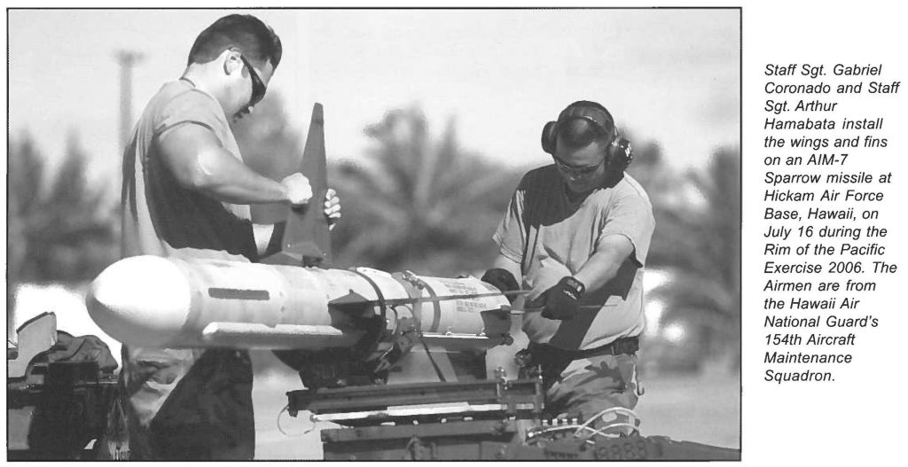 Staff Sgt. Gabriel Coronado and Staff Sgt. Arthur Hamabata install the wings and fins on an AIM-7 Sparrow missile at Hickam Air Force Base, Hawaii, on July 16 during the Rim of the Pacific Exercise 2006. The Airmen are from the Hawaii Air National Guard's 154th Aircraft Maintenance Squadron.