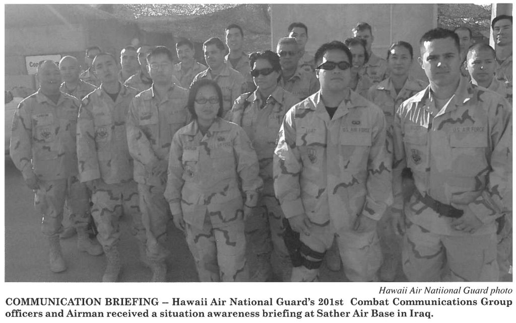 COMMUNICATION BRIEFING - Hawaii Air National Guard's 201st Combat Communications Group officers and Airman received a situation awareness briefing at Sather Air Base in Iraq.
