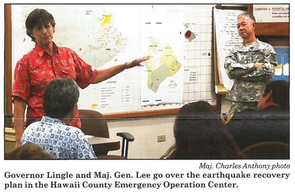 Governor Lingle and Maj. Gen. Lee go over the earthquake recovery plan in the Hawaii County Emergency Operation Center