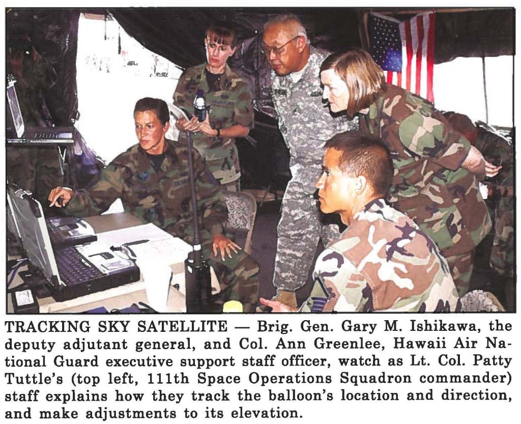 TRACKING SKY SATELLITE - Brig. Gen. Gary M. Ishikawa, the deputy adjutant general, and Col. Ann Greenlee, Hawaii Air National Guard executive support staff officer, watch as Lt. Col. Patty Tuttle's (top left, 111th Space Operations Squadron commander) staff explains how they track the balloon's location and direction, and make adjustments to its elevation.