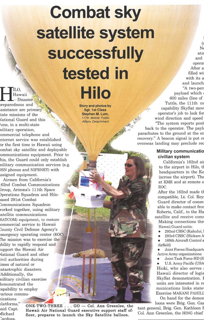 ONE-TWO-THREE ... GO - Col. Ann Greenlee, the Hawaii Air National Guard executive support staff officer, prepares to launch the Sky Satellite balloon.