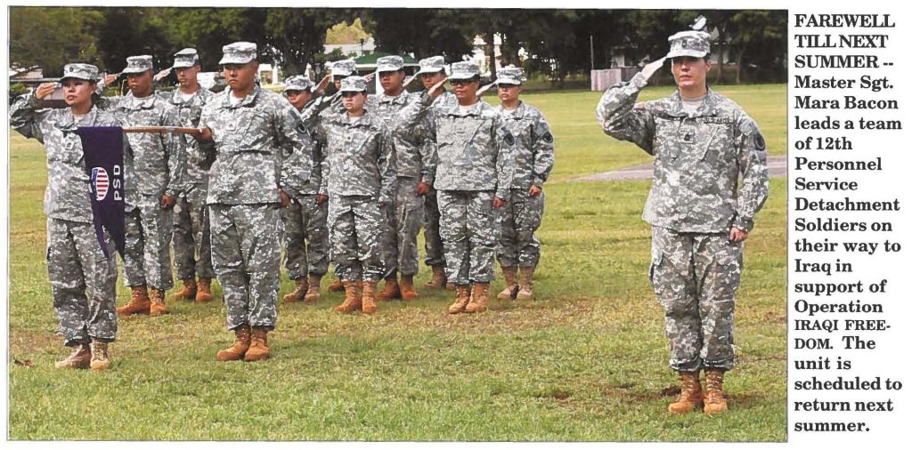 FAREWELL TILL NEXT SUMMER-- Master Sgt. Mara Bacon leads a team of 12th Personnel Service Detachment Soldiers on their way to Iraq in support of Operation IRAQI FREEDOM. The unit is scheduled to return next summer.