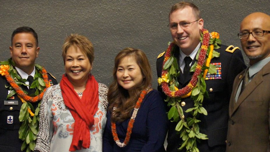 Colonel Kenneth Hara, who was also confirmed by the Senate as the Deputy Adjutant General, Senator Lorraine Inouye; (D) KaupulehuWaimea- North Hilo, Gaylene Logan, Brigadier General Arthur “Joe” Logan, and Senator Will Espero; (D)Ewa Beach - Iroquios Point pose for picture after the confirmation vote. (Air National Guard Photo by TSgt. Andrew Jackson / Released.