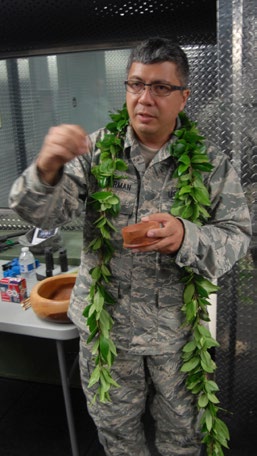 U.S. Air Force Chaplain Daniel Leatherman, 154th Wing Headquarters, performs a blessing at the 154th Security Forces Squadron (SFS) Indoor Firing Range on Joint Base Pearl Harbor-Hickam, Hawaii, Aug. 8, 2015.