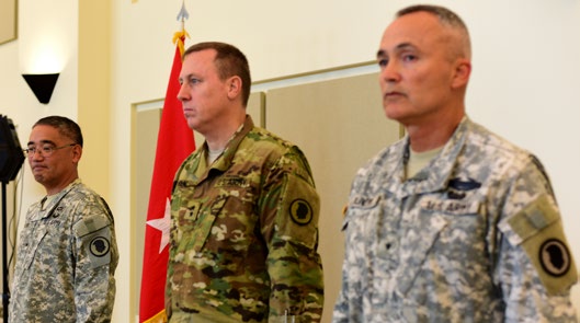 From left: Brig. Gen. Keith Y. Tamashiro, Maj. Gen. Arthur J. Logan, Brig. Gen. Bruce E. Oliveira stand at attention during the Hawaii Army National Guard change of command ceremony Aug. 2, 2015 at Kalaeloa, Hawaii. Brig. Gen. Bruce E. Oliveira relinquished authority to Brig. Gen. Keith Y. Tamashiro as the new HIARNG commander. (U.S. Army National Guard photo by Staff Sgt. Ryan Sheldon/Released)