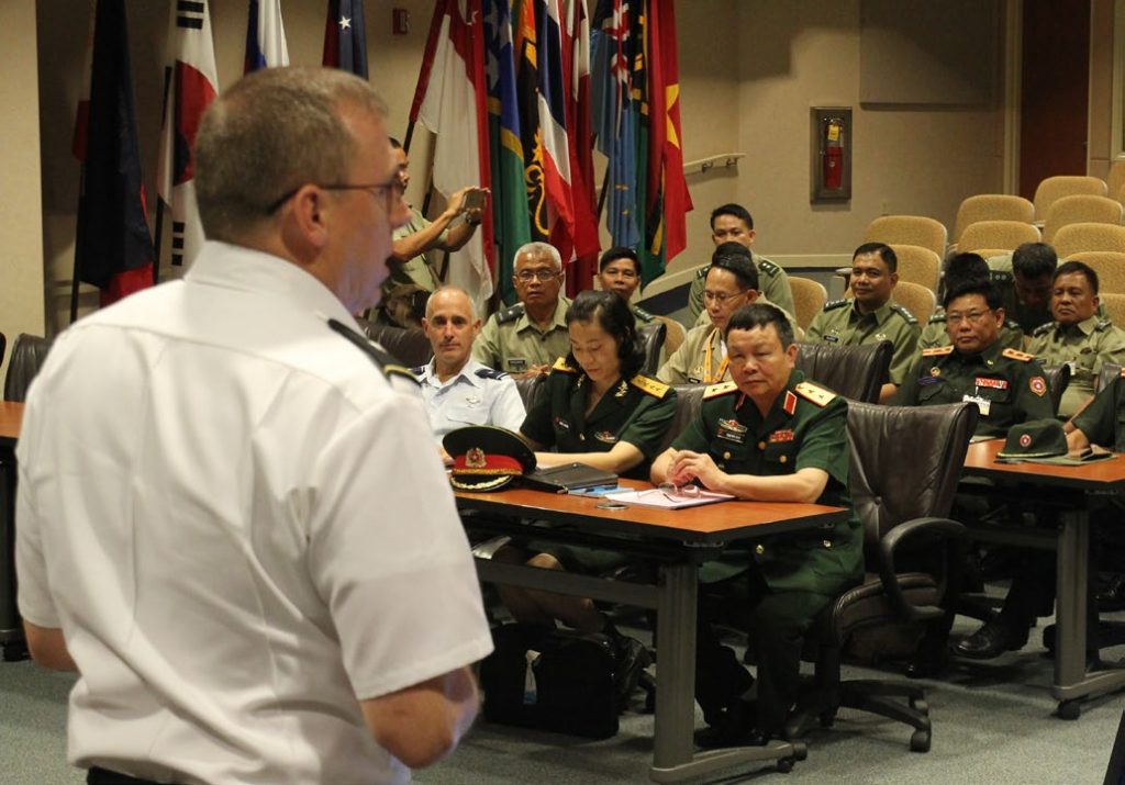 Hawaii National Guard Brig. Gen. Arthur J. Logan, the adjutant general, addresses foreign delegates from seven Pacific Rim countries at the Daniel K. Inouye Asia-Pacific Center for Security Studies. The delegates observed and sometimes participated in a hurricane preparedness exercise sponsored by the National Guard Bureau, U.S. Northern Command and the Hawaii Emergency Management Agency called Vigilant Guard/Makani Pahili 2015.