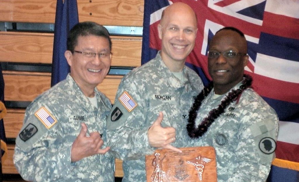 The 2015 Award Committee for the Army National Guard Chief Surgeon Office selected Lt. Col. Walter Ross (far right of photo) as the recipient of the Major General Deborah Wheeling Award of Excellence at the 2015 ARNG Medical Team Event at Camp Dawson, West Virginia on May 6, 2015. Also in the photo are Col. Jon Tanabe (HIARNG State Surgeon) and Col. Eric Morgan (ARNG Chief Surgeon). This prestigious national award is given for consistent demonstration of leadership excellence, Army Values, and the Warrior Ethos in the execution of duties as the Deputy State Surgeon. This award is also intended to recognize an exceptional and well-rounded Army Medical Department Officer and leader.