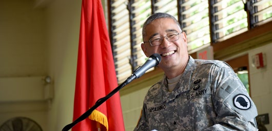 Brig. Gen. Keith Y. Tamashiro, commander of the Hawaii Army National Guard, smiles as he gives his remarks during the 103rd Troop Command change of command ceremony at the Hawaii Army National Guard armory on Oct. 3, 2015. The 103rd Troop Command is a diverse unit, with a wide variety of missions. (U.S. Army National Guard photo by Pfc. Paul D. Berzinas/Released)