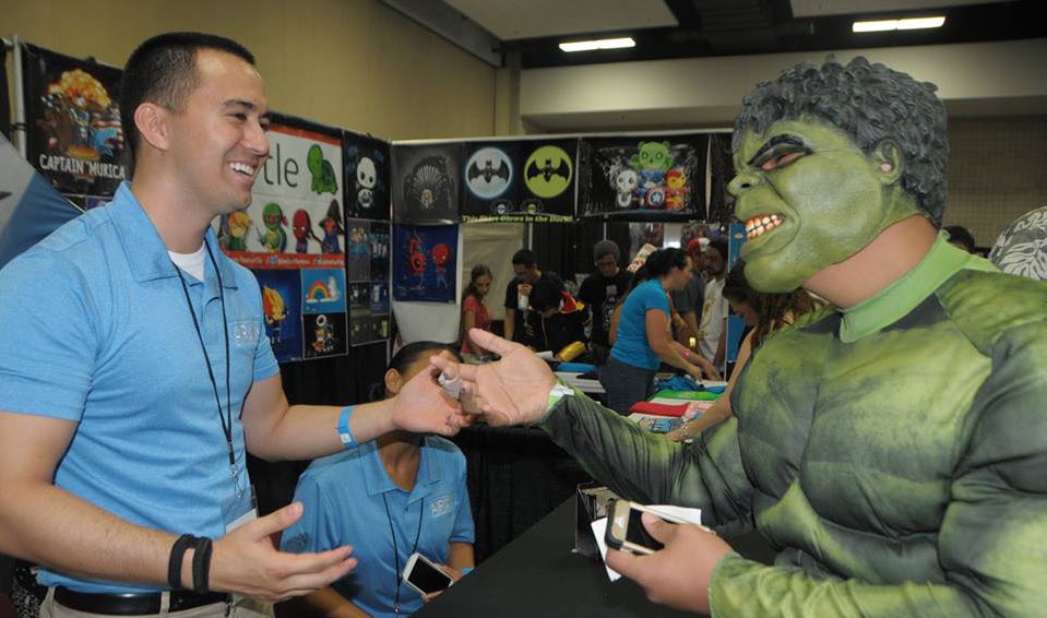Tech. Sgt Todd Shak, a Recruiter for the Hawaii Air National Guard talks to the “Hulk” about a possible enlistment. Tech. Sgt. Shak and the HIANG recruiting team manned a booth at the Hawaii Comic Con this past weekend. For more information on joining the Hawaii Air National Guard visit our “careers” page on our website http://www.154wg.ang.af.mil/index.asp