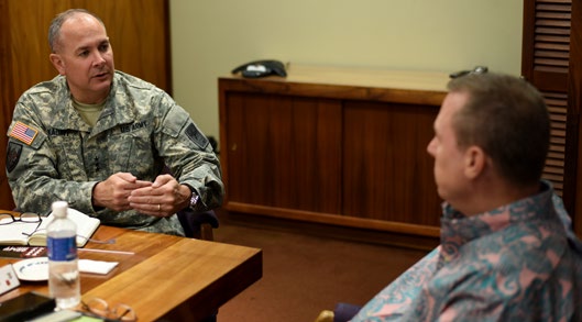 Lt. Gen. Timothy J. Kadavy, director of the Army National Guard, discusses a brief with Maj. Gen. Authur J. Logan, adjutant general of the Hawaii National Guard at Logan’s conferance room Aug. 28, 2015. Kadavy received several briefings throughout his tour of Hawaii Army National Guard facilities on Oahu.