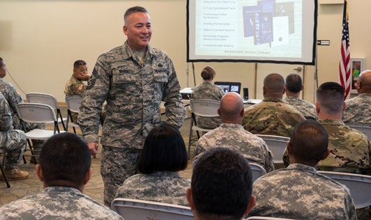Command Chief Master Sgt. Mitchell O. Brush, senior enlisted advisor to the Chief of the National Guard Bureau, delivers a brief to a room of Hawaii Army National Guard Soldiers at the 29th Infantry Brigade Combat Team Readiness Center in Kalaeloa, Hawaii September 14, 2016. The brief was one of several briefs given by Brush at various Hawaii Guard facilities as part of an effort to interact with the service members of the Hawaii National Guard