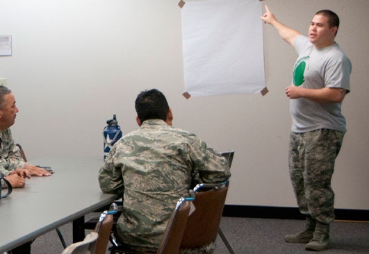 U.S. Air Force Senior Airman Ryan Buffett, Command Post Controller with the Hawaii Air National Guard’s 154th Wing, and Green Dot coordinator, briefs members of the HIANG on the Green Dot program at Joint Base Pearl Harbor-Hickam, Hawaii, Sep. 23, 2016. Green Dot is a total Air Force initiative to replace the Sexual Assault Prevention and Response training.