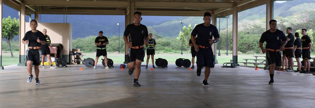 Hawaii Army National Guard Soldiers in the Recruit Sustainment Program (RSP) took the Occupational Physical Assessment Test (OPAT) at the 298th Regiment, Multi-Functional Training Unit (RTI), March 4, 2017. The Purpose of the test is to predict a recruit’s fitness ability required to meet the demands of their selected occupational demands of their selected occupational field. The soldiers in this photo are taking the interval aerobic run test which is uesd to assess aerobic capacity. (U.S. Army Photo By Chavaughn Washington/Released)