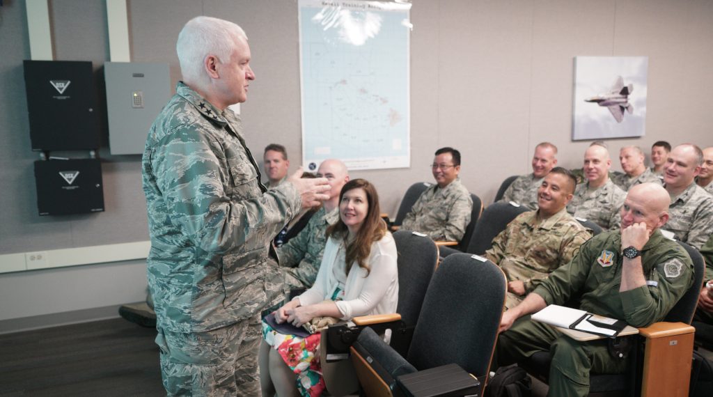 Lt. Gen. L. Scott Rice, Air National Guard Director, speaks to HING Leadership at the Daniel K. Inouye auditorium on the opening day of his tour of Hawaii Air National Guard facilities