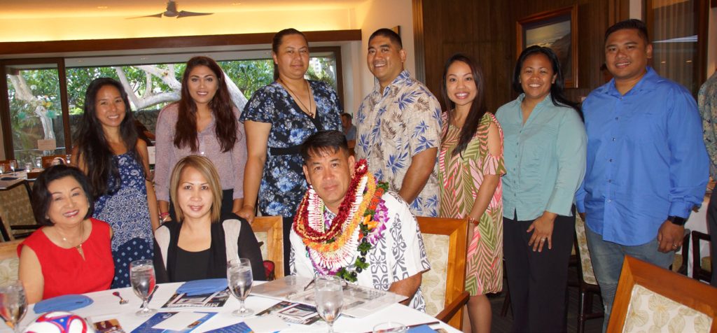 SUPPORT TEAM -- Attending the Positive Coach Alliance-Hawaii program were from the left: Cheryl Chow, Kea‘au High School administrator, niece Kaylyn Mejasich, Iris McGuire, Kea‘au, Staff Sgt. Robert Saludares, Staff Sgt. Rose Madarang, Sgt. Melanie Barhart-Mencias and Sgt Rodney Sabado. Seated: Kay Sasaki Lum Ho, mother and Imelda Lum Ho, wife.