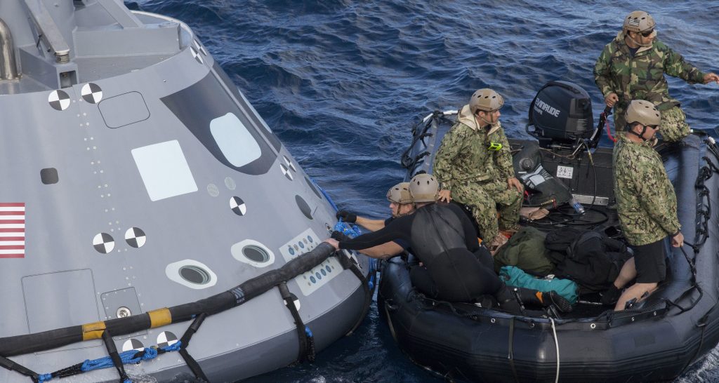 Members of the New York Air National Guard’s 106th Rescue Wing will participated in a mission in Hawaii designed to test space capsule recovery techniques and equipment, although they did not work with a capsule simulator like this one. Orion is the exploration spacecraft designed to carry astronauts to destinations not yet explored by humans. ( Photo courtesy NASA)