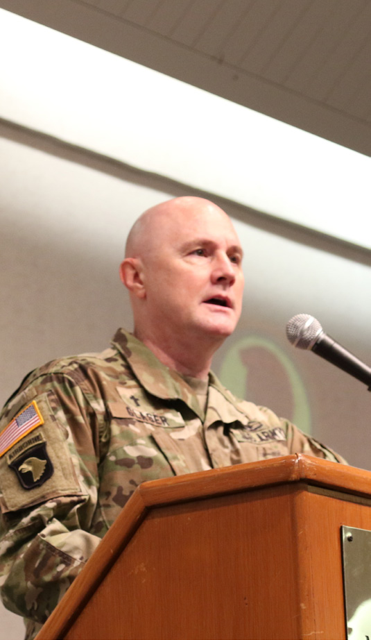 Chaplain Ralph Glaser of 103rd Troop Command speaks to Soldiers from Bravo Company 777th Aviation Support Battalion about Strong Bonds at the Yellow Ribbon Reintegration Program June 25, 2017. (U.S. Hawaii Army National Guard photo by Pfc. Chavaughn Washington)