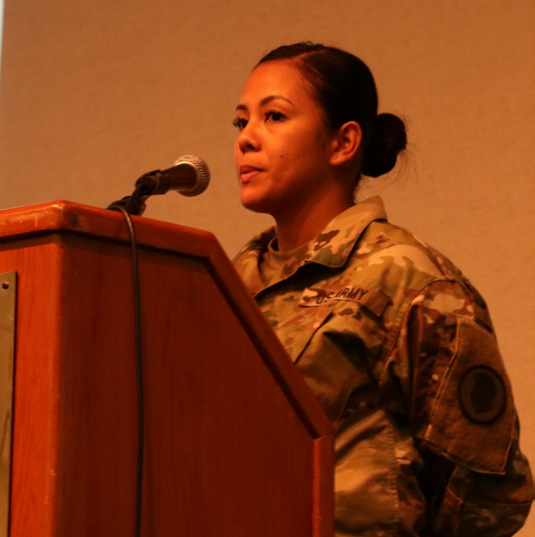 Sgt. 1st Class Hazel Donato, 103rd Troop Command, tells Soldiers from Bravo Company, 777th Aviation Support Battalion about the Defense Enrollment Eligibility System at the Yellow Ribbon Reintegration Program June 25, 2017. (U.S. Hawaii Army National Guard photo by Pfc. Chavaughn Washington)