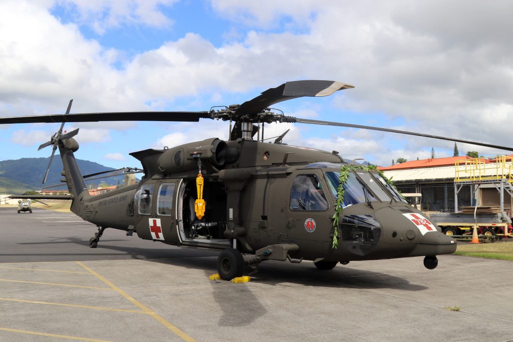 A model M Blackhawk MEDEVAC helicopter dedicated to the 1-189th General Support Aviation Battalion at Wheeler Army Airfield, Wahiawa, Hawaii July 9, 2017. The HIARNG’s 1-189th GSAB MEDEVAC detachments make up a brand new unit specializing in aeromedical evacuation operations throughout Hawaii. (U.S. Army National Guard photo by Spc. Lisa K. Lariscy)