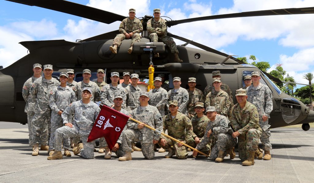The Soldiers of the 1-189th General Support Aviation Battalion gather after the activation and aircraft dedication ceremony for the unit at Wheeler Army Airfield, Wahiawa, Hawaii July 9, 2017. The HIARNG’s 1-189th GSAB MEDEVAC detachments make up a brand new unit specializing in aeromedical evacuation operations throughout Hawaii. (U.S. Army National Guard photo by Spc. Lisa K. Lariscy)