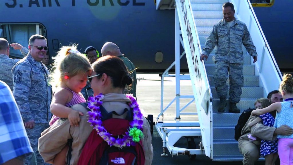 Airmen from the 203rd Air Refueling Squadron are greeted by family, friends, and fellow airmen upon returning home to Joint Base Pearl Harbor-Hickam, Hawaii after a six month deployment to the CENTCOM AOR, Oct. 30, 2017. In total, approx. 90 airmen and three KC-135 Stratotankers assigned to the Hawaii Air National Guard unit deployed in support Operation Inherent Resolve. (U.S. Air National Guard photo by Tech. Sgt. Andrew Jackson)