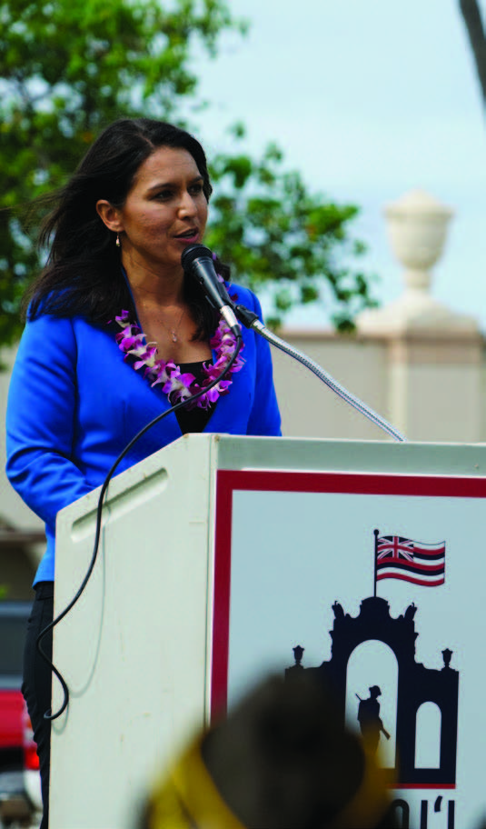 U.S. Congresswoman and Hawaii Army National Guard Member Tulsi Gabbard speaks about the history of the Natatorium during the Veterans Day ceremony hosted at the World War I Memorial Co-sponsored by the Hawaii World War I Centennial Task Force.