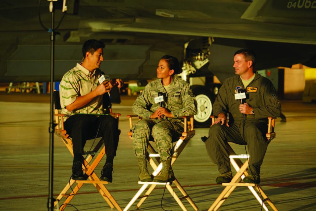 Staff Sgt. Shelby Rivera and Lt Col. Philip Lancaster, 19th FS Commander being interviewed by Hawaii News Now morning anchor Steve Uyehara, on Dec. 7 2017 where they discussed the history of Joint Base Pearl Harbor - Hickam and their motivations for serving.