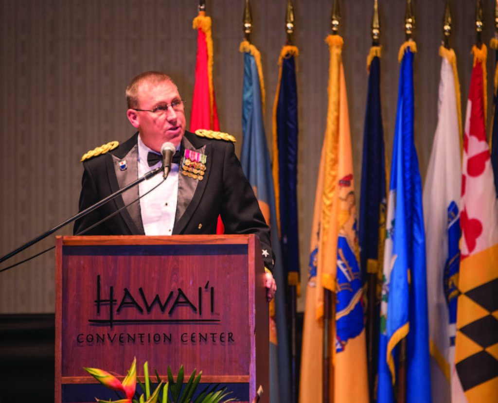 Maj. Gen. Arthur J. Logan delivers opening remarks during the Hawaii National Guard Birthday Commemoration at Honolulu, Hawaii Dec. 15, 2017 at the Hawaii Convention Center. The birthday ball celebrated 381 years of the Hawaii National Guard. (U.S. Army National Guard photo by Sgt. Amanda H. Gerlach)