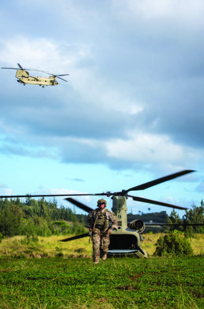 Staff Sgt. Matthew J. Steible walks away from the CH-47 after transporting a mock casualty.
