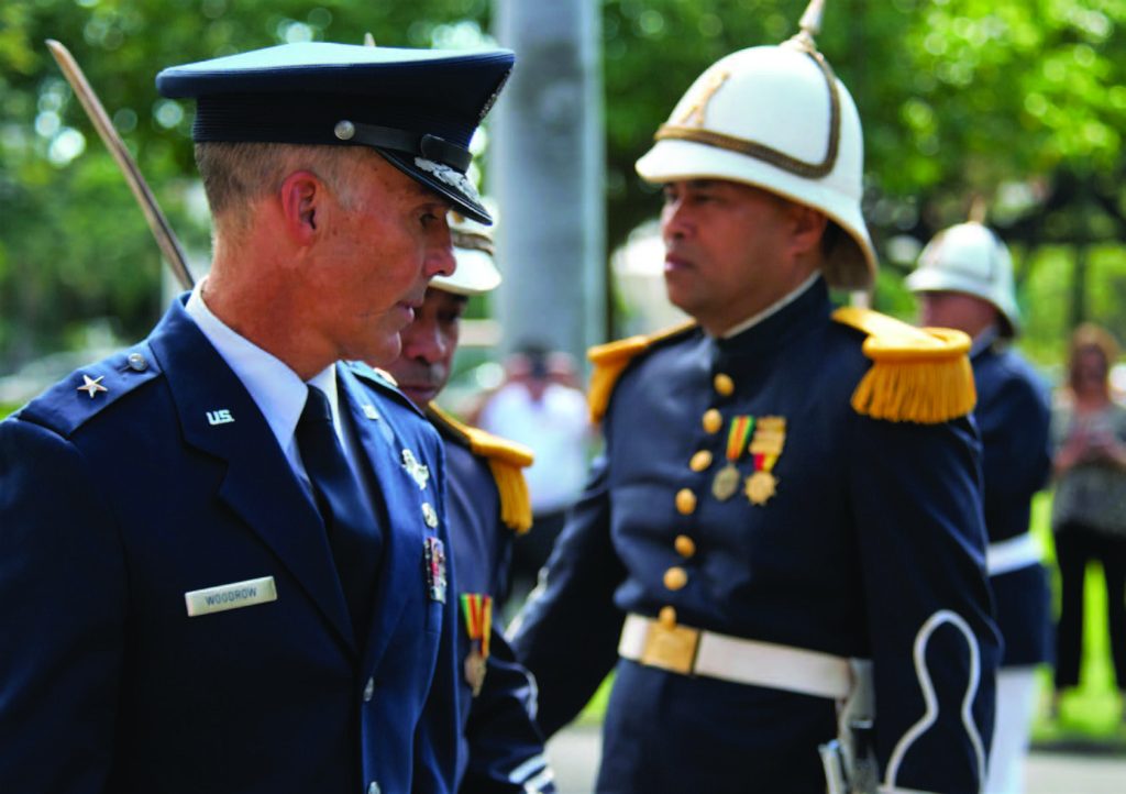 Brig. Gen. Gregory S. Woodrow conducts a troop review of the Hawaii Air National Guard’s Royal Guard, Honolulu, Hawaii, Nov. 16, 2017. Woodrow was participating in a ceremony commemorating the re-creation of the Hawaii Air National Guard’s Royal Guard, a unique Honor Guard where select airmen perform ceremonial duties at various events throughout the year, and stand as symbols and reminders of the HIANG’s heritage and history. (U.S. Air National Guard photo by Senior Airman Orlando Corpuz)