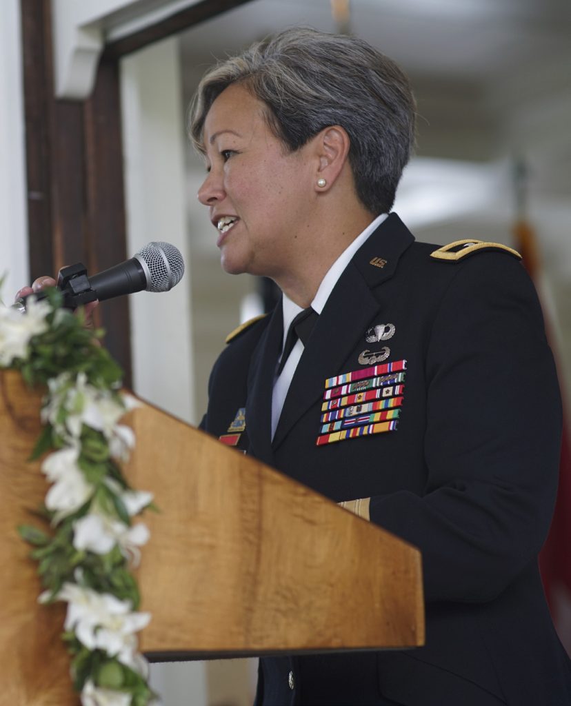 BG Suzanne P. Vares-Lum was promoted to major general in a ceremony held at Washington Place. Attending the ceremony was her family and friends, her current and retired military coworkers from the Guard and active duty. BG Kenneth Hara provided comments as the MG Arthur “Joe” Logan was off island. She was pinned by Governor David Ige and her husband LTC (Ret) Courtney Vares-Lum. MG (Ret) Gary Hara administered the Oath of Office. (U.S. Air National Guard Photo By Tech. Sgt. Andrew Jackson)