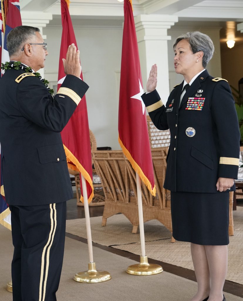 BG Suzanne P. Vares-Lum was promoted to major general in a ceremony held at Washington Place. Attending the ceremony was her family and friends, her current and retired military coworkers from the Guard and active duty. BG Kenneth Hara provided comments as the MG Arthur “Joe” Logan was off island. She was pinned by Governor David Ige and her husband LTC (Ret) Courtney Vares-Lum. MG (Ret) Gary Hara administered the Oath of Office. (U.S. Air National Guard Photo By Tech. Sgt. Andrew Jackson)