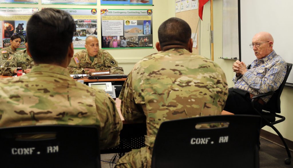 Hawaii Army National Guard soldiers with 297th Engineer Detachment Fire Fighting Team attend a professional development seminar with James G. Davis, member, historian and last living member of the 1204th Army Engineer Fire Fighting Platoon, May 4, 2019 at the 103D Troop Command Headquarters, Pearl City, Hawaii. James G. Davis served in North Africa, Italy, France, and Germany during World War II. (U.S. Army National Guard photo by Sgt. Matthew A. Foster)
