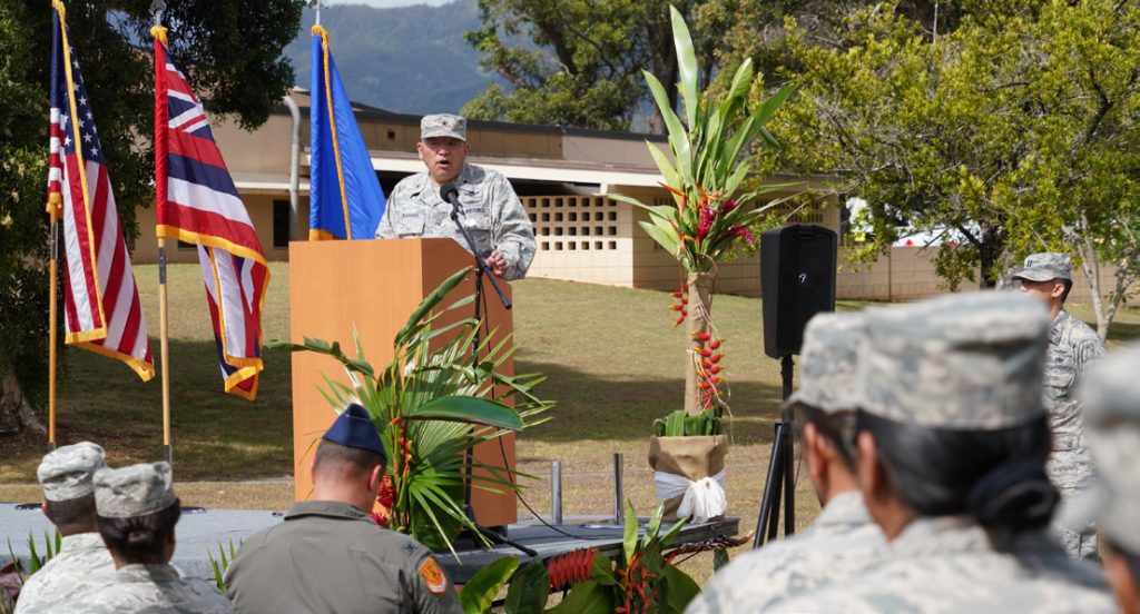 Brig. Gen. Ryan Okahara, commander, Hawaii Air National Guard, speaks to members of the newly formed 298th Air Defense Group and 298th Support Squadron during their activation ceremony, Wheeler Army Air Field, August 03, 2019. (U.S. Air National Guard Photo by Tech. Sgt. Andrew Jackson