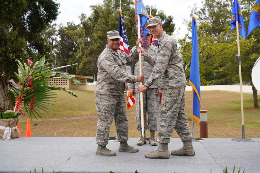 Lt. Col. Daniel C. Wrazien accepts command 169th Air Defense Squadron from Col. Phillip Mallory, commander, 298th Air Defense Group as the 169th ADS was transferred to the 298th ADS. (U.S. Air National Guard Photo by Tech. Sgt. Andrew Jackson)