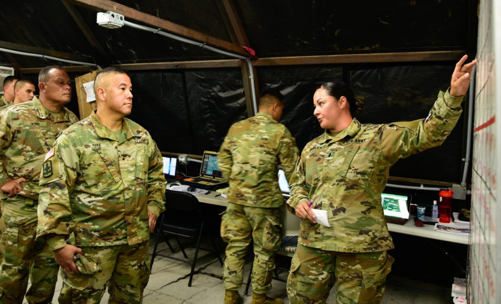 Brig. Gen. Kenneth Hara, commander Hawaii Army National Guard visits HARNG Soldiers with 1st Battalion, 487th Field Artillery Regiment as they conduct Counter Rocket Artillery Mortar operations during deployment training, Fort Sill, Oklahoma, Jun. 9, 2019.(U.S. Army National Guard photo by Sgt. 1st Class Theresa Gualdarama)