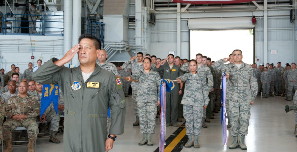 Col. James Shigekane, 154th Wing vice commander, renders a final salute to the outbound wing commander during a change of command ceremony Aug. 4, 2019, at Joint Base Pearl Harbor-Hickam. During the event, Col. Dann S. Carlson assumed command of the Hawaii Air National Guard’s 154th Wing from Brig. Gen. Gregory Woodrow. (U.S. Air National Guard photo by Senior Airman John Linzmeier)
