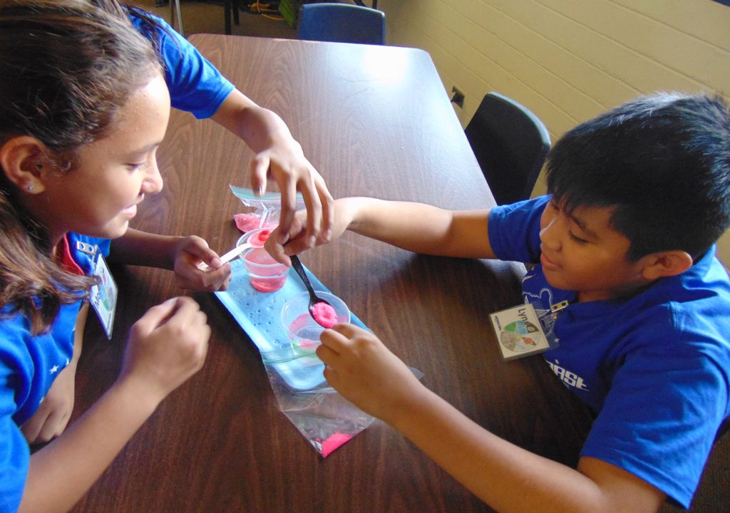 STARBASE Showcase, Pāhoa, HI. 5th grade students from Pāhoa Elementary examine hydrophilic and hydrophobic properties at STARBASE (Photo by: Kelly McVinnie)